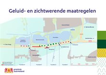 De kaart toont de vier deeltracés waar geluid- en zichtwerende maatregelen worden getroffen. Extra beplanting bij de tracédelen twee, drie en vier. Geluidschermen bij de tracédelen één en vier.