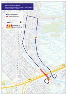 Werkzaamheden N454: omleiding via de N207 (Coenecoopbrug, Henegouwerweg) via Hefbrug Waddinxveen naar de Kerkweg-Oost, Kanaalstraat naar de Kanaaldijk en andersom.