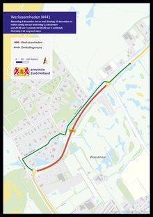 op het kaartje staat de omleidingsroute via de Pieter Postlaan en de Katwijkseweg.